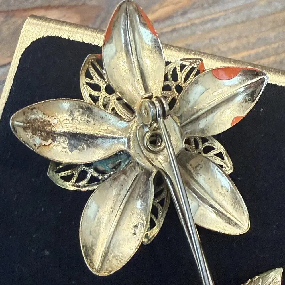 Vintage Enamel Metal Filigree Flower Brooch Yellow, Orange, Green Colors